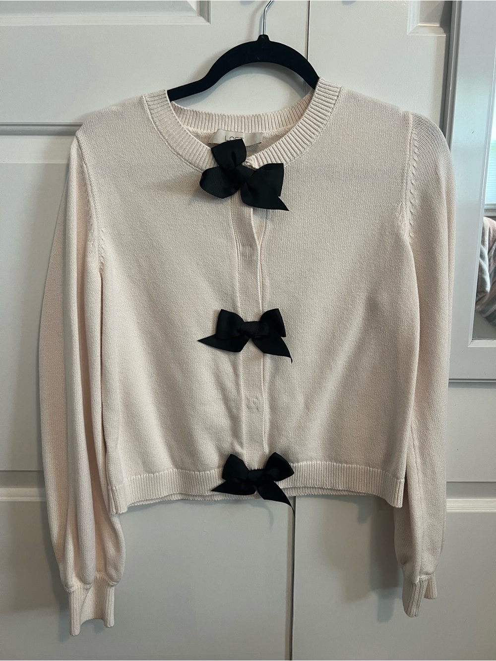 Women’s LOFT Cream Sweater Cardigan with Black Bow Accents and Buttons Size M